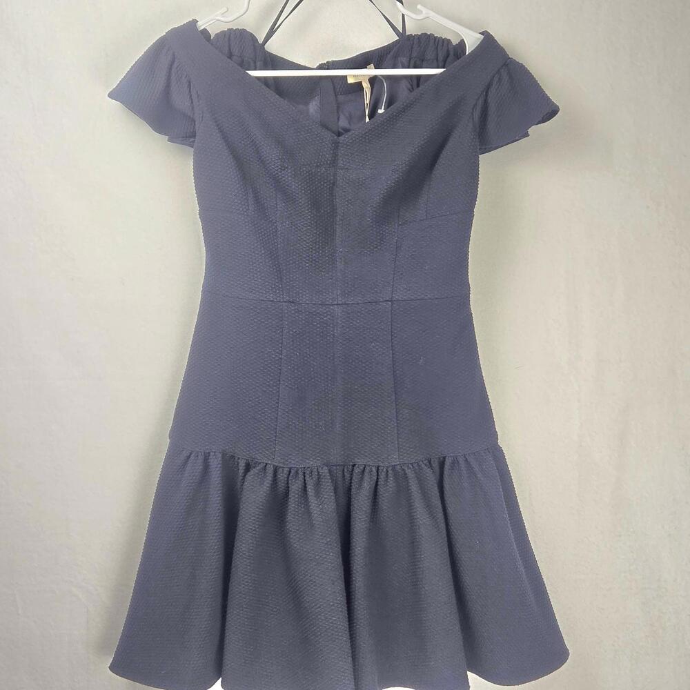 NWT Rebecca Taylor Textured Off The Shoulder Mini Dress Navy Ruffle Womens 4